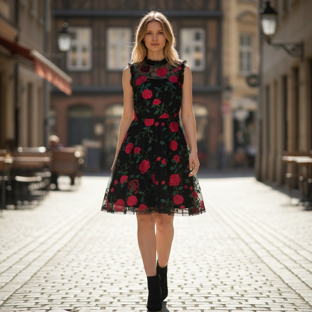 RN 75010 Floral Embroidered Mesh Dress Womens S Black Pink Rose Fit Flare